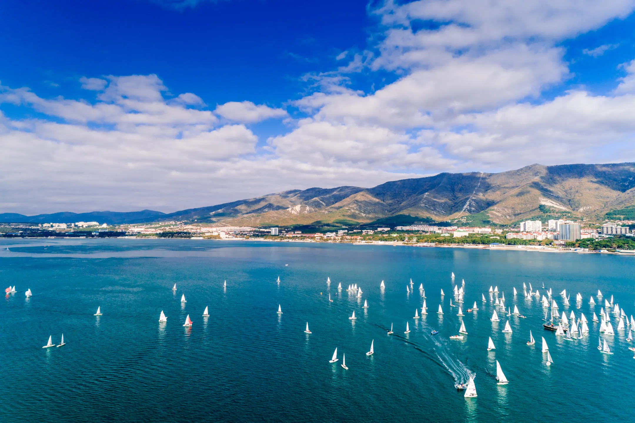 Яхты с белыми парусами около города