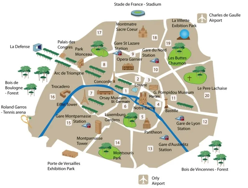 как выбрать отель в Париже - карта округов Парижа
